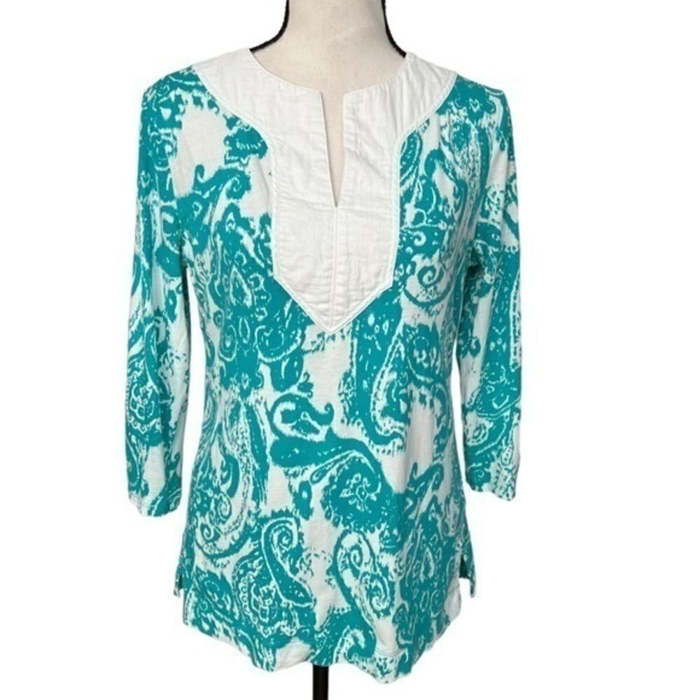 Ralph Lauren Tunic Shirt Teal White Women's Medium V-Neck Cotton Knit 3/4 Sleeve